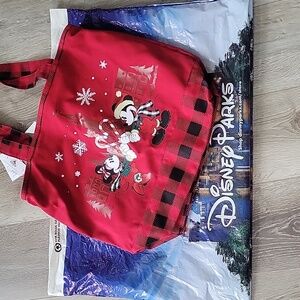 Disney World Christmas Mickey & Minnie Sparkly Snowflakes Red Checkered Tote